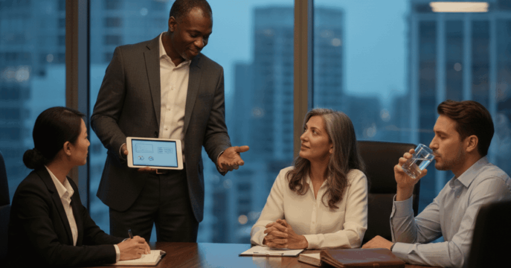 Senior leader reviewing priorities and making decisions at a desk
