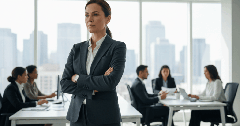 Executive standing confidently in an office with a focused expression