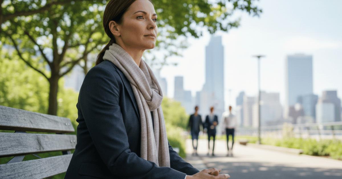 Leader taking a calm break outdoors, looking thoughtful and composed